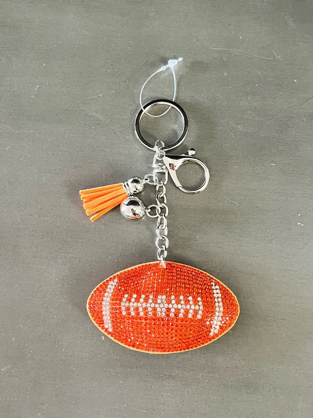Orange Football Allover Rhinestone Tassel Black Silver Keychain Puffy Bag Charm